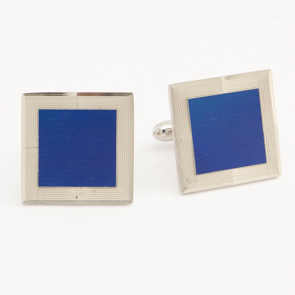 Vintage Etched Blue Tile Cufflinks Silver Tone Large Square Cuff Links